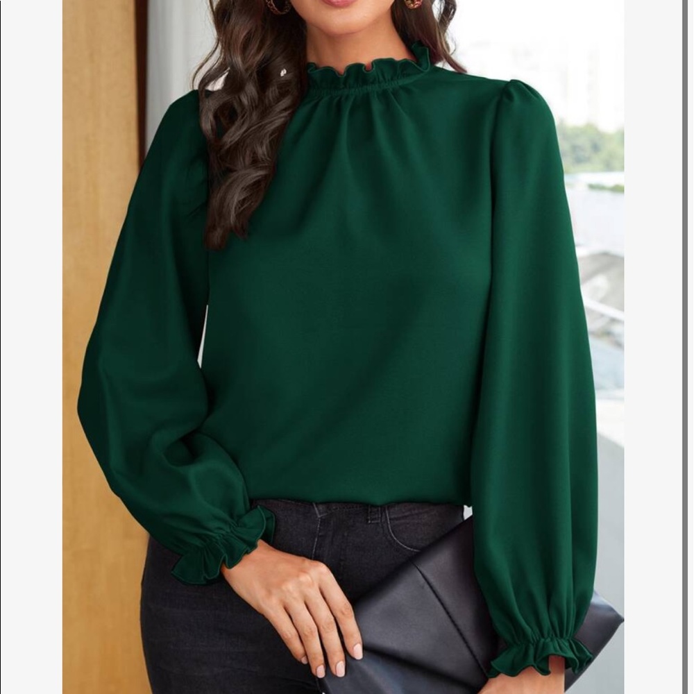 Boho Green Ruffle Frill Sleeve Office Work Top Blouse - Picture 1 of 15